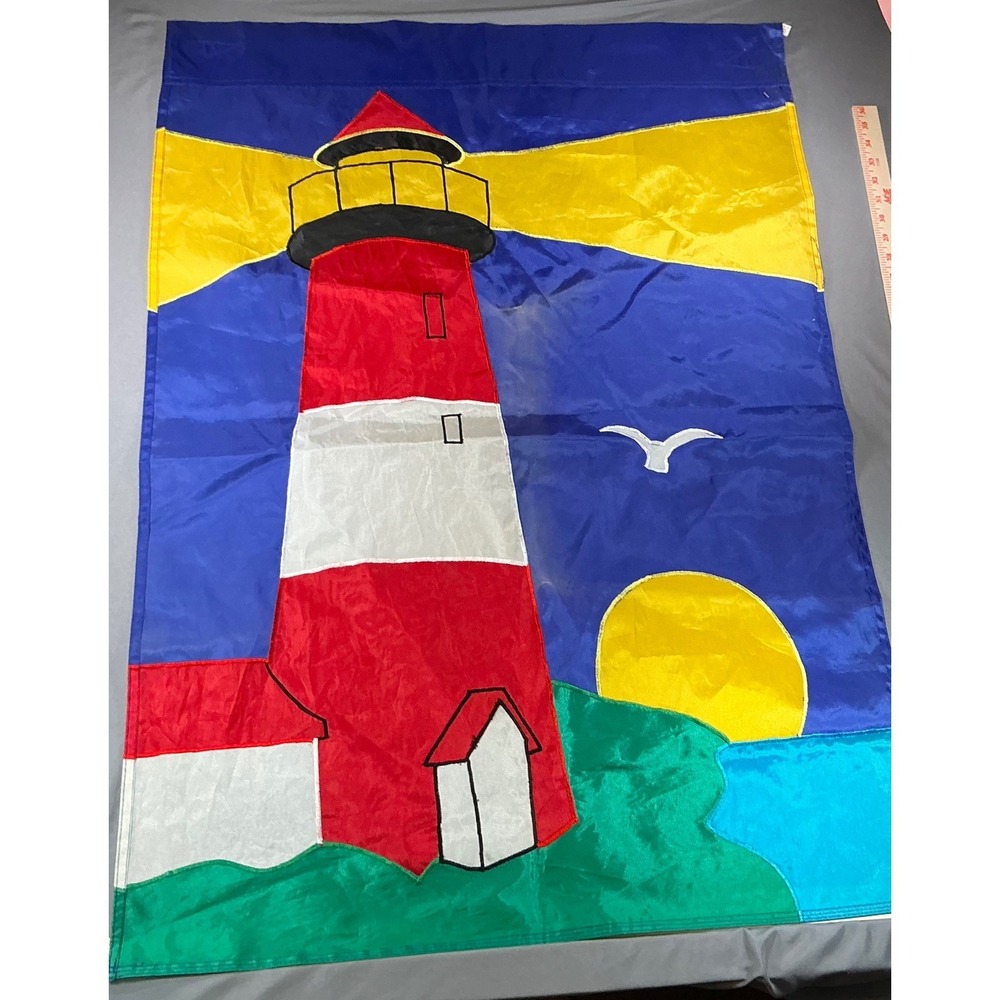 Vintage Lighthouse Decorative House Flag Nautical Coastal Red White Blue 28x40